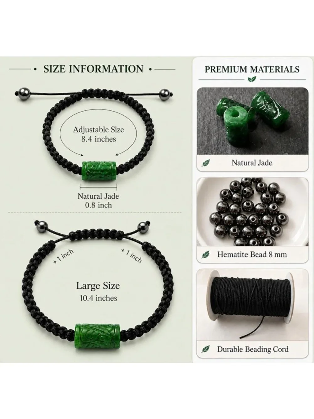 Handmade Adjustable Real Jade Bracelet - Natural Green Stone Beaded Bangle